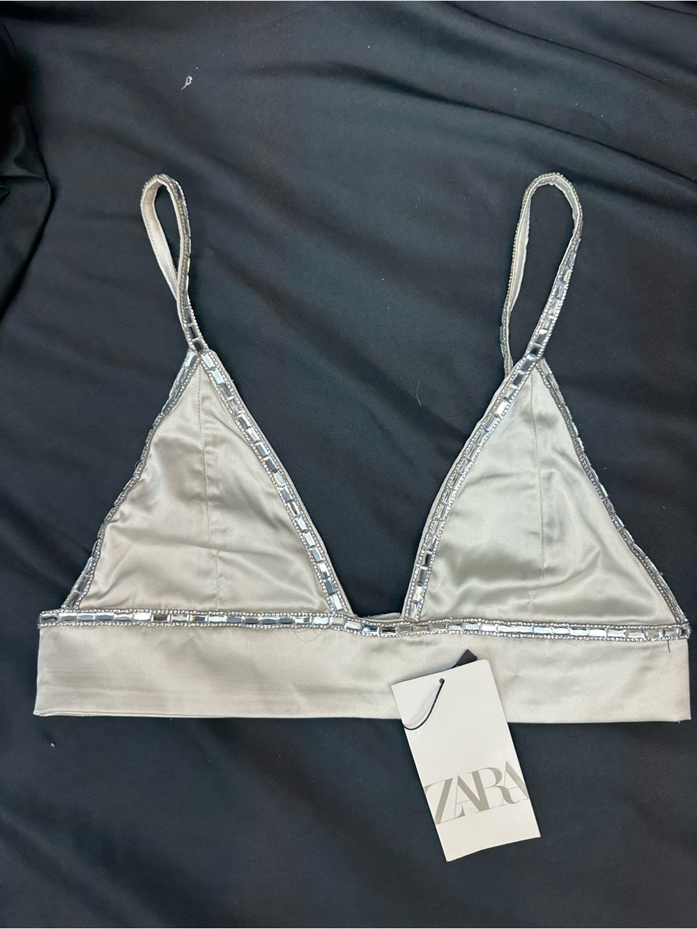 Zara Cream Silver Triangle Bralette Crop Top with Rhinestone Trim S NWTS